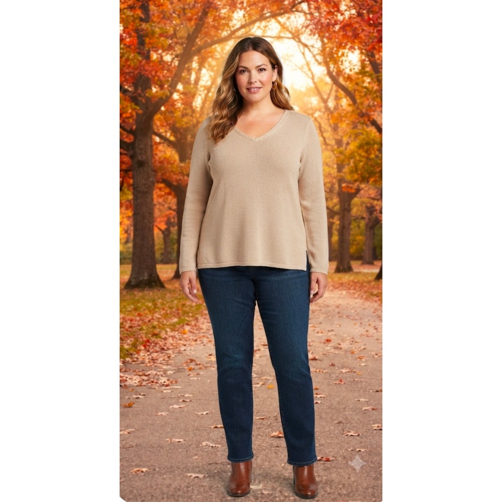 J.McLaughlin Womens V-Neck Sweater Beige Textured Knit Long Sleeve Pullover L